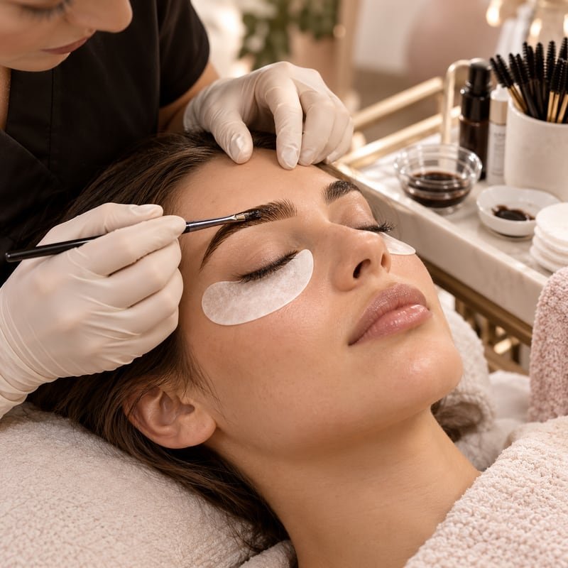 Brow tint being brushed on with lash pads in place
